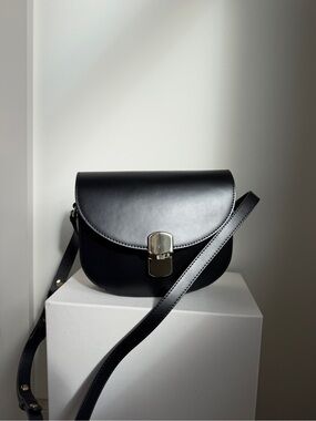 Sezane Black Leather Crossbody with Gold Tone Lock